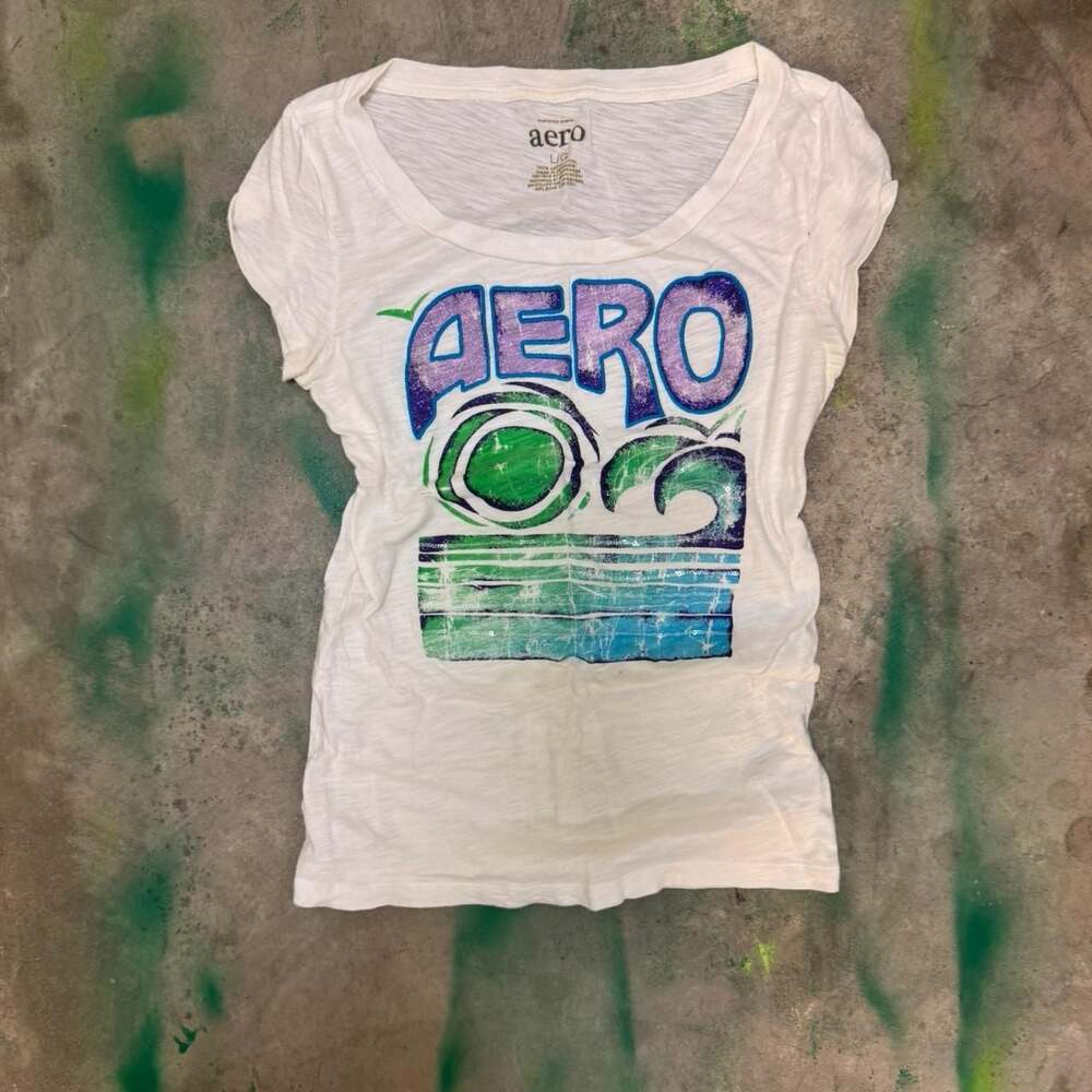 Vintage Y2K Aeropostale Surfwear Graphic Tee, White Sequin Wave, Size L